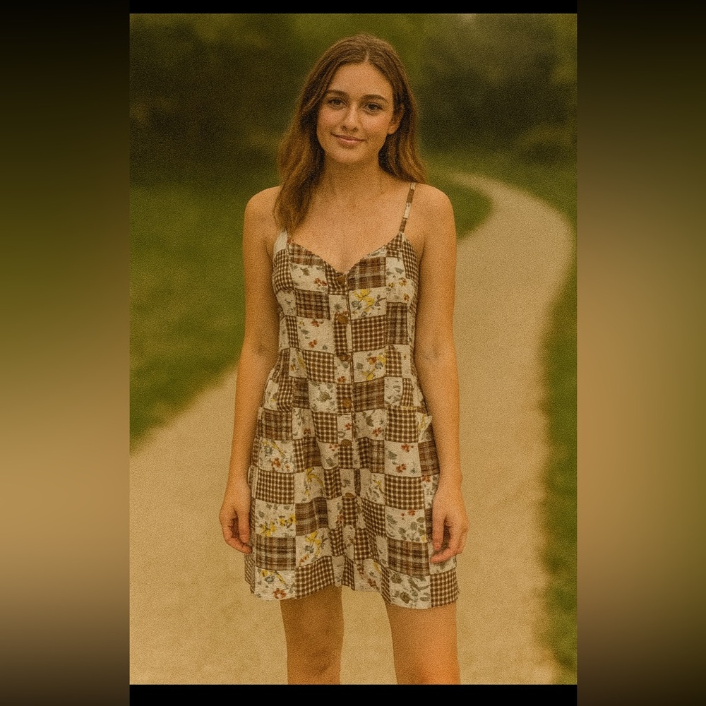 Brown Patchwork Floral Mini Dress - Lightweight Spaghetti Strap